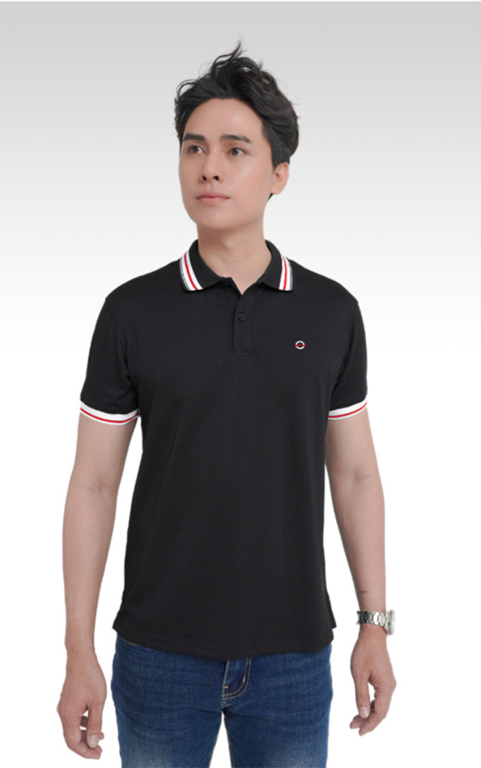 PO31423 Áo Polo Nam DOCAS Vải Cotton CMC Cổ Đen Phối Viền Sọc Trắng Đỏ Tay Phối Viền Đỏ Logo Thêu Phom Regular Fit-Docas