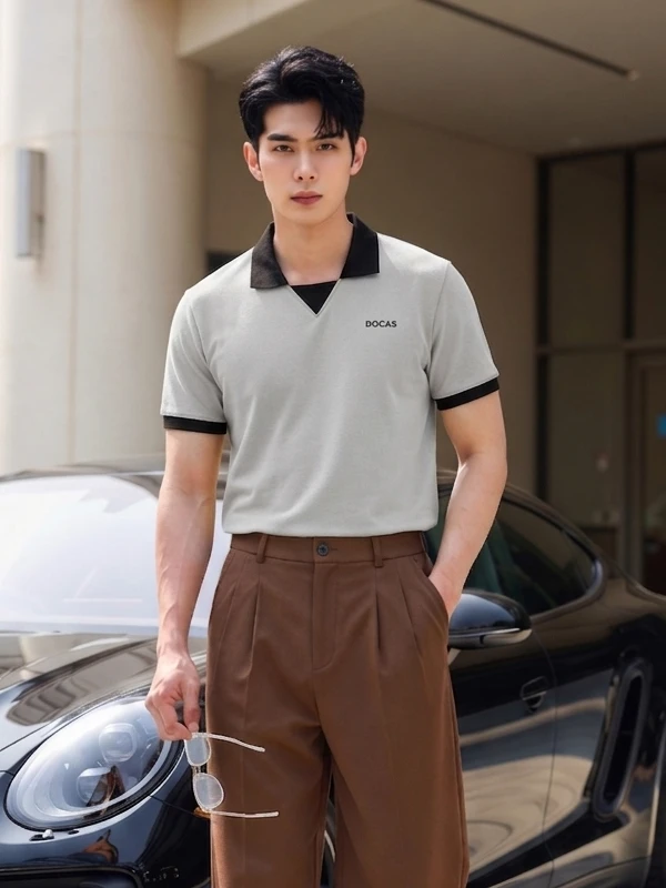 Áo Polo Nam DOCAS Cổ V-Neck Không Cúc Vải Cotton CMC Form Regular Fit DCPO07-01