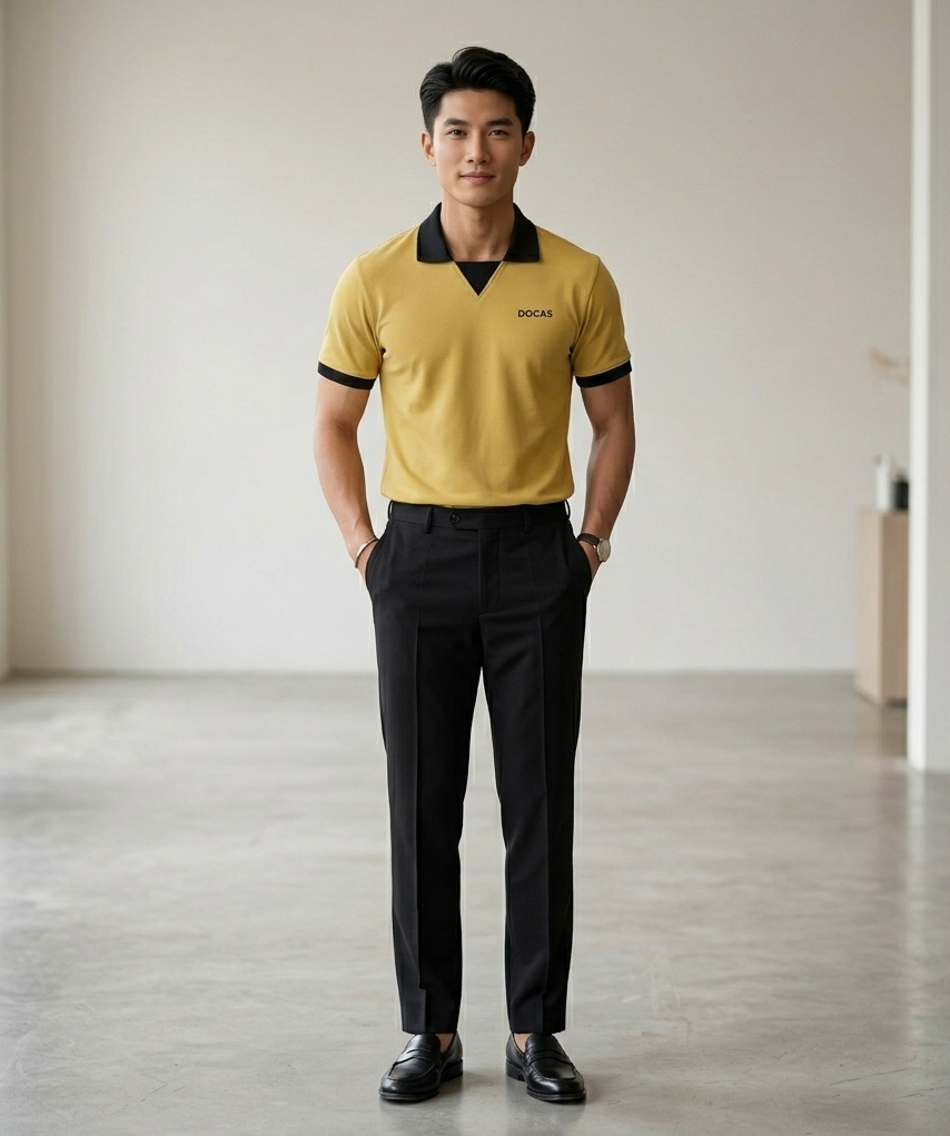 Áo Polo Nam DOCAS Cổ V-Neck Không Cúc Vải Cotton CMC Form Regular Fit DCPO07-01