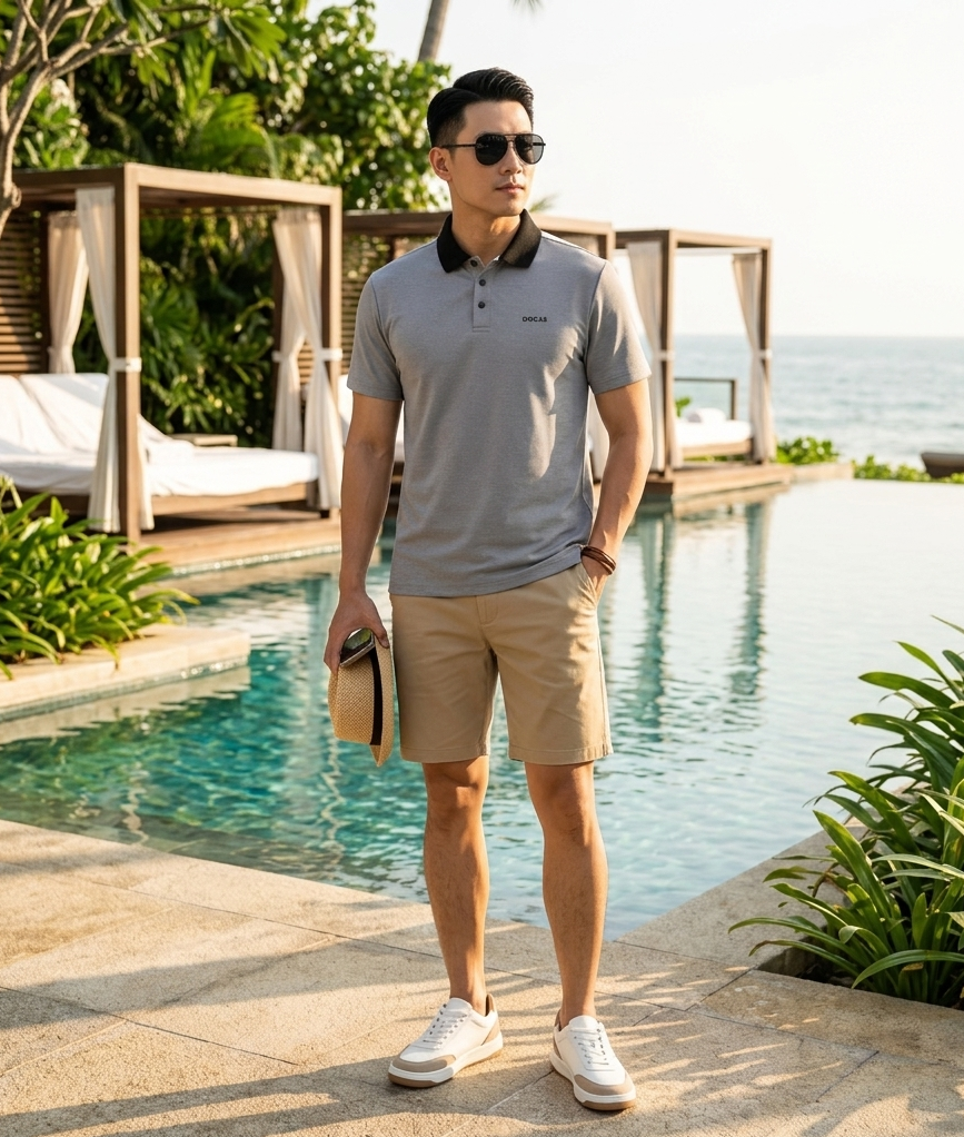 Áo Polo Nam DOCAS Màu Xám Phối Cổ Đen Vải Cotton 2 Da Form Rộng DCPO05-01