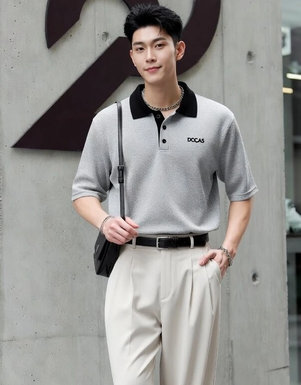 Áo Polo Nam DOCAS Màu Xám Phối Cổ Đen Vải Cotton 2 Da Form Rộng DCPO05-01